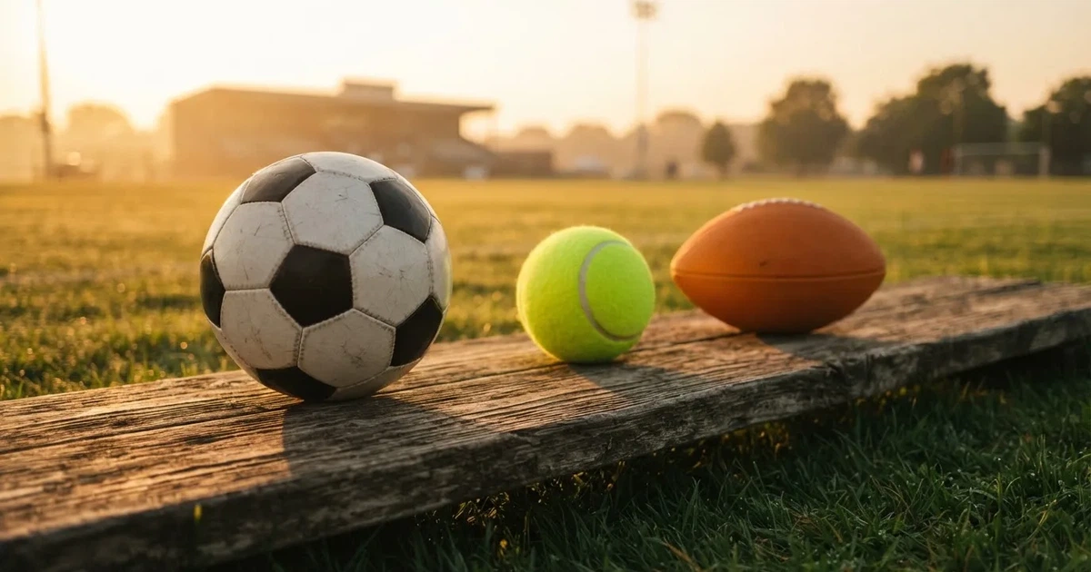 Tres balones de distintos tipos, uno junto a otro, sobre un banco de madera