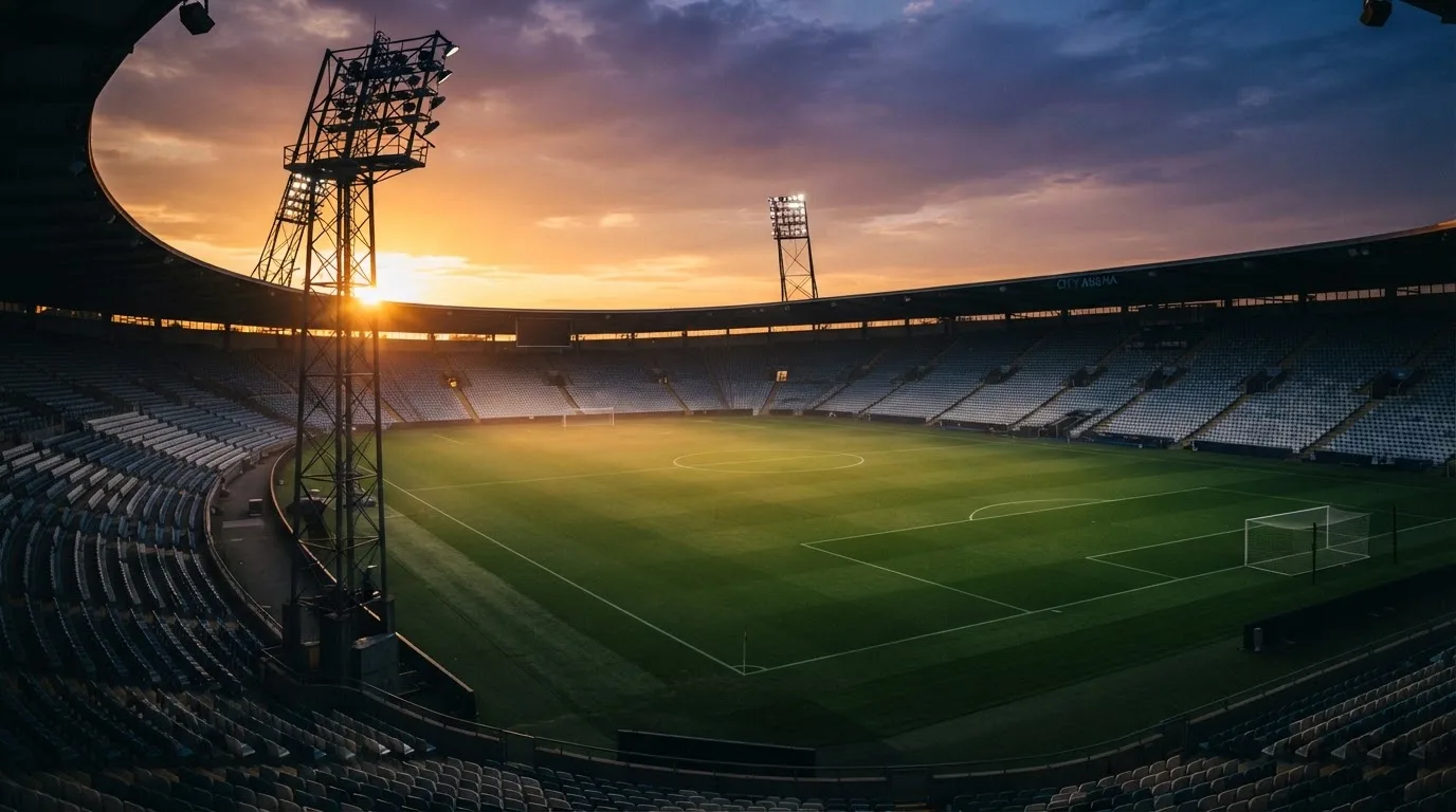Un estadio de fútbol vacío con torres de iluminación al atardecer