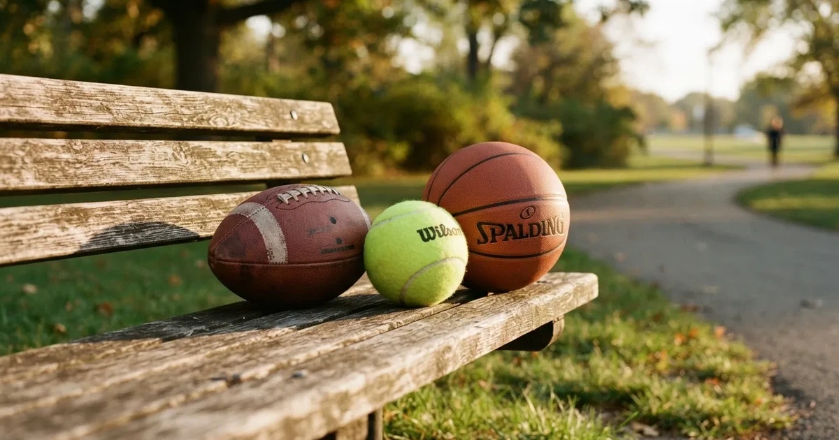 Tres balones de distintos tipos, uno junto a otro, sobre un banco de madera