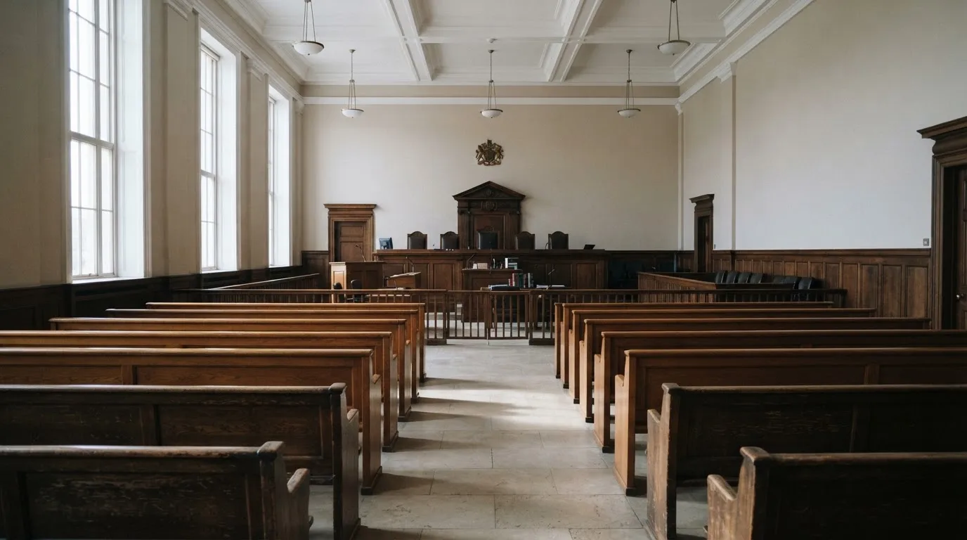 Una sala de tribunal vacía con bancos de madera a la luz de la mañana