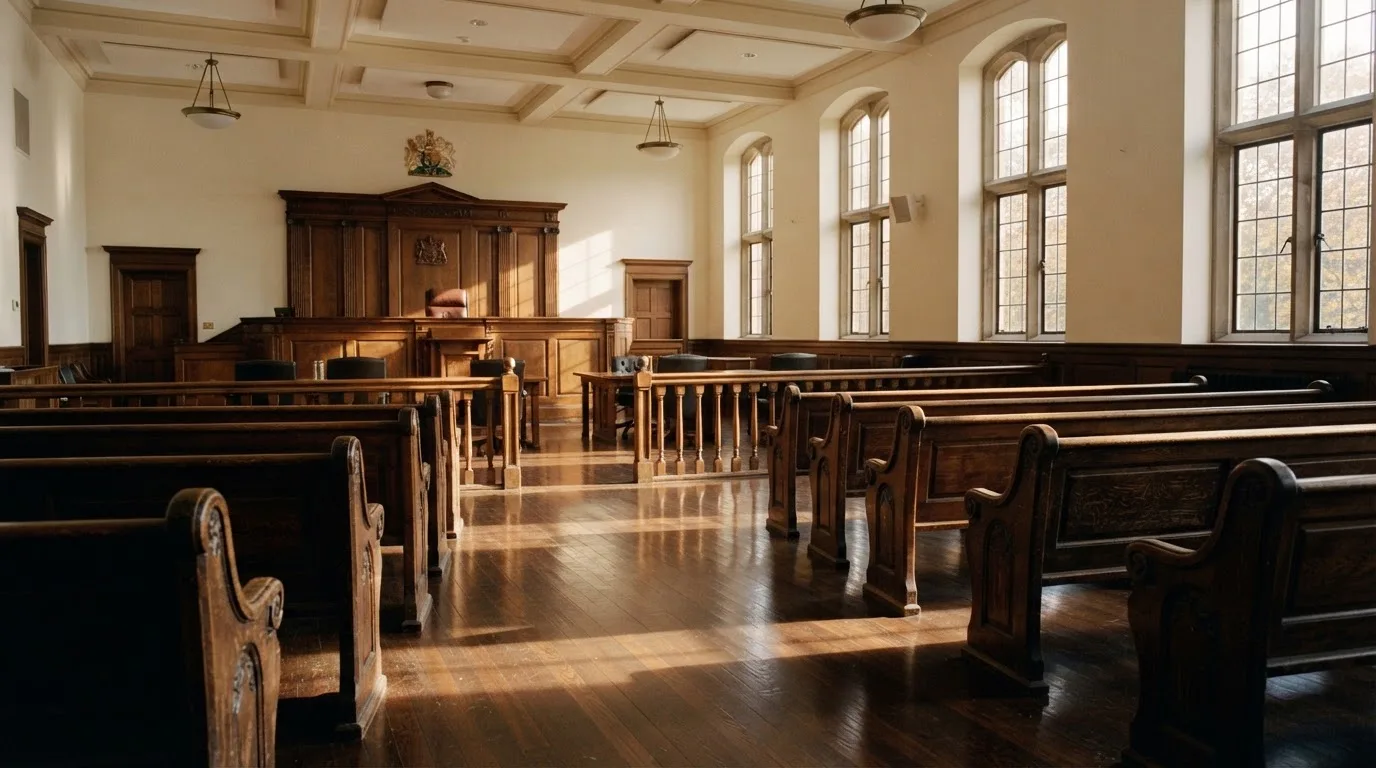 Una sala de tribunal vacía con bancos de madera a la luz de la mañana