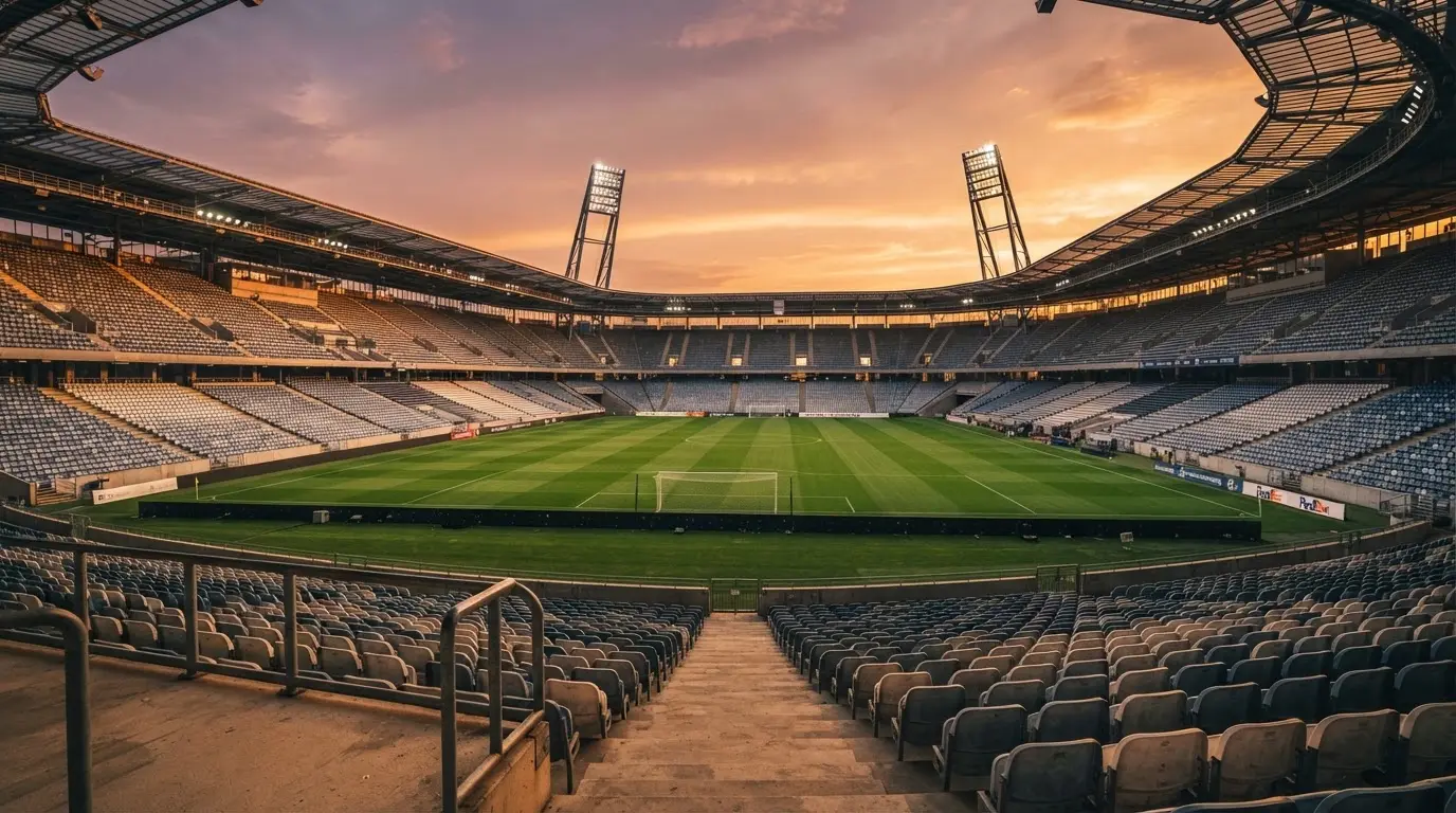 Un estadio de fútbol vacío con torres de iluminación al atardecer