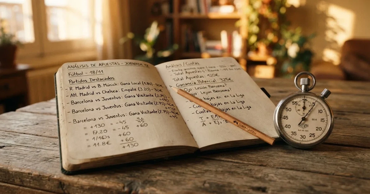 Un cuaderno abierto con un lápiz y un cronómetro sobre una mesa de madera