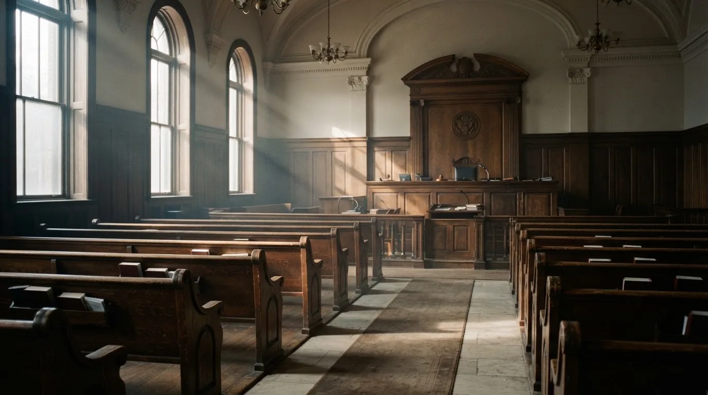 Una sala de tribunal vacía con bancos de madera a la luz de la mañana