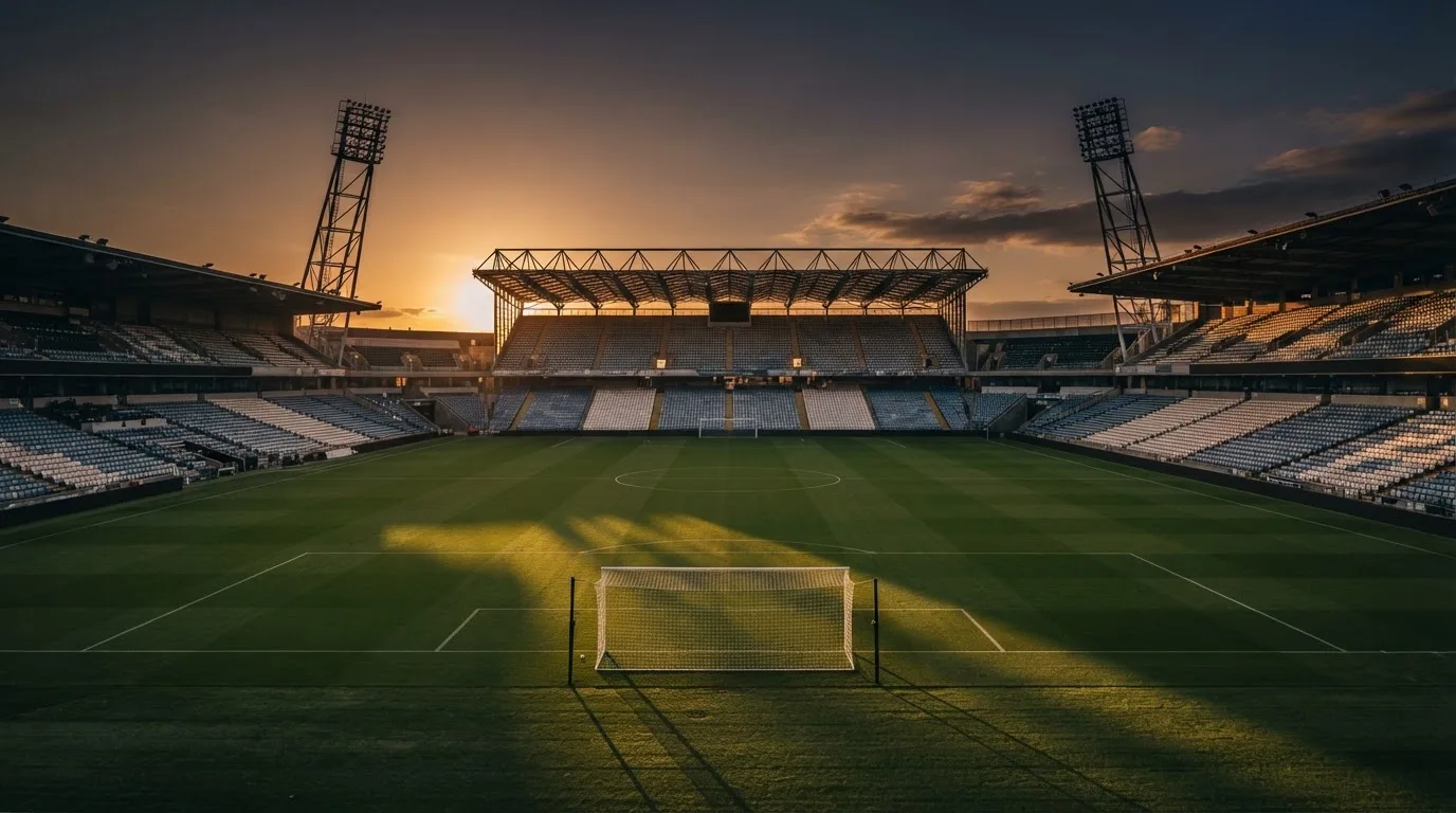 Un estadio de fútbol vacío con torres de iluminación al atardecer
