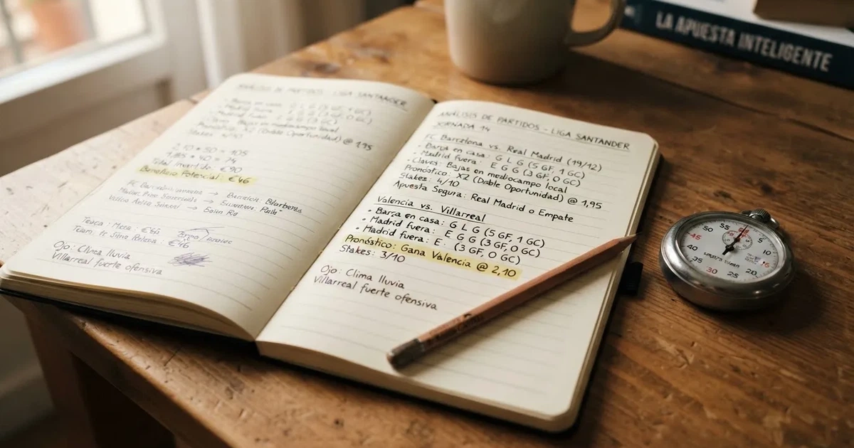 Un cuaderno abierto con un lápiz y un cronómetro sobre una mesa de madera