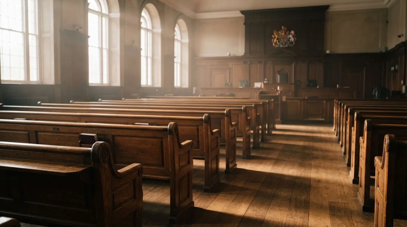 Una sala de tribunal vacía con bancos de madera a la luz de la mañana