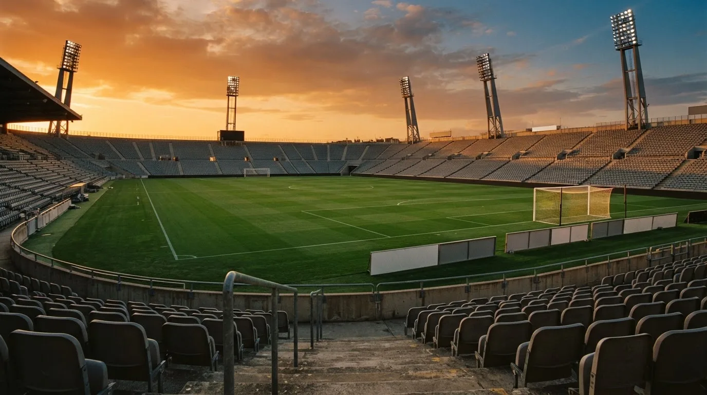 Un estadio de fútbol vacío con torres de iluminación al atardecer