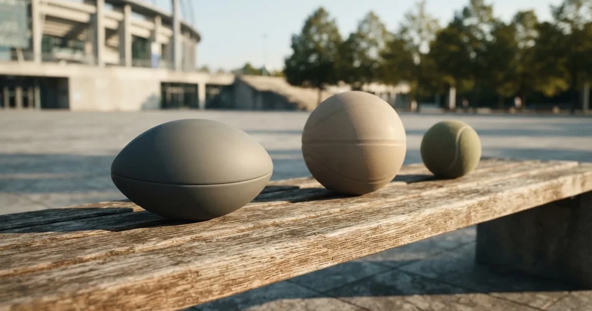Tres balones de distintos tipos, uno junto a otro, sobre un banco de madera