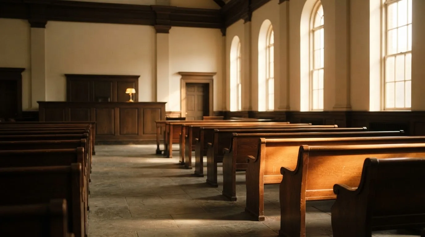 Una sala de tribunal vacía con bancos de madera a la luz de la mañana