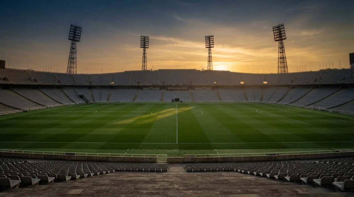 Un estadio de fútbol vacío con torres de iluminación al atardecer