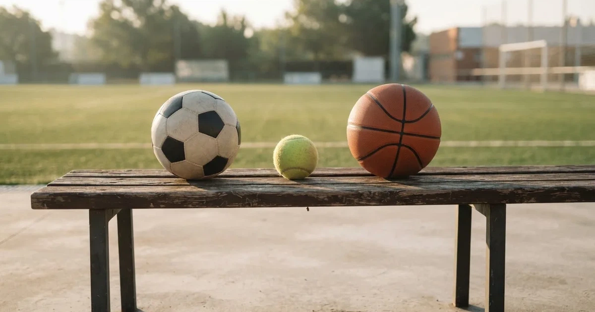 Tres balones de distintos tipos, uno junto a otro, sobre un banco de madera