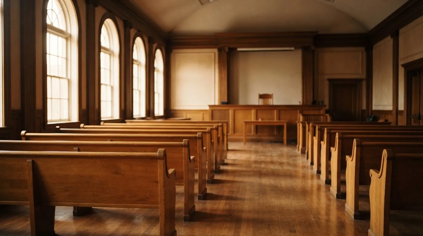 Una sala de tribunal vacía con bancos de madera a la luz de la mañana