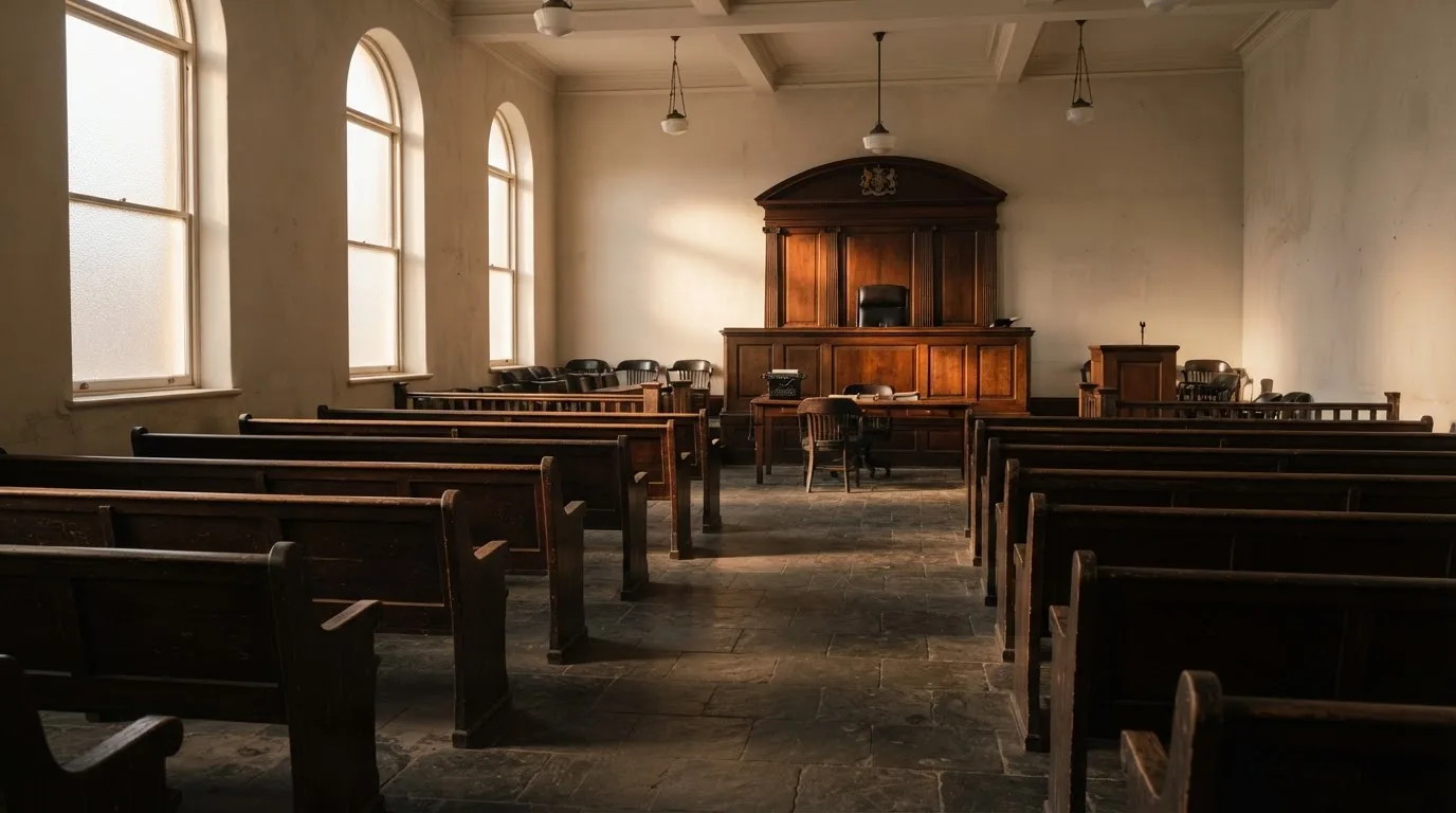 Una sala de tribunal vacía con bancos de madera a la luz de la mañana