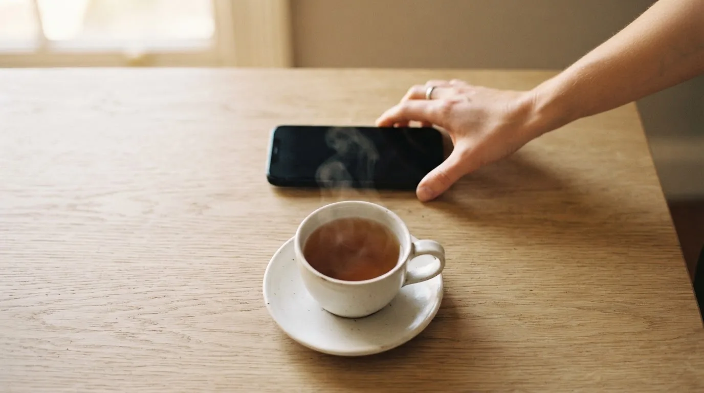 Una mano deja un móvil junto a una taza de té sobre la mesa de la cocina, una tarde tranquila