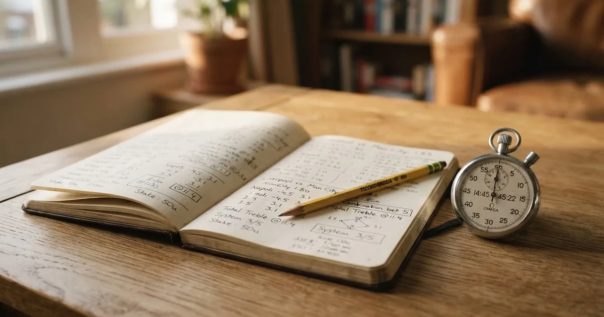 Un cuaderno abierto con un lápiz y un cronómetro sobre una mesa de madera