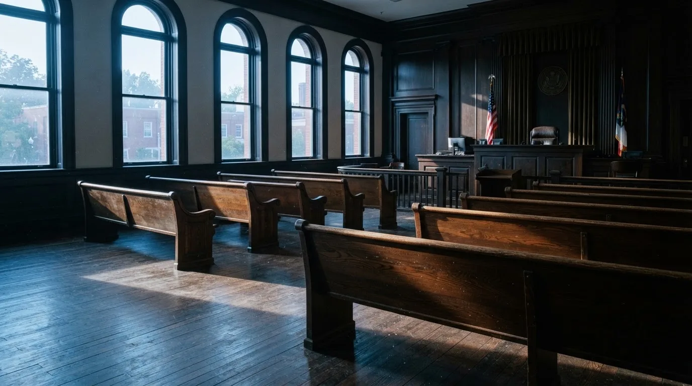 Una sala de tribunal vacía con bancos de madera a la luz de la mañana