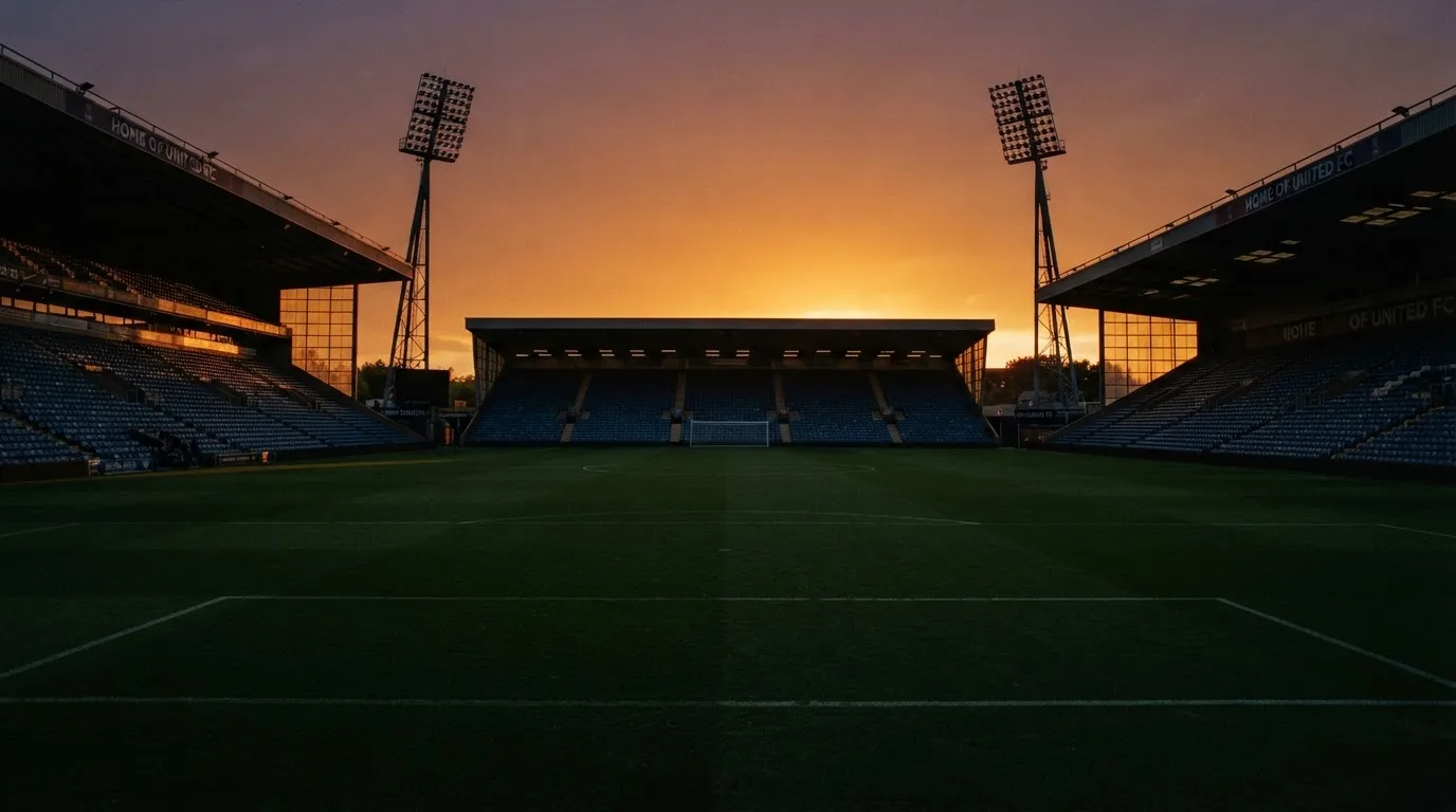 Un estadio de fútbol vacío con torres de iluminación al atardecer