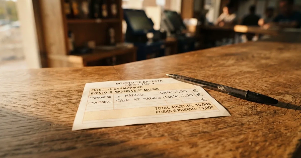 Un boleto de papel en blanco junto a un bolígrafo sobre un mostrador de madera