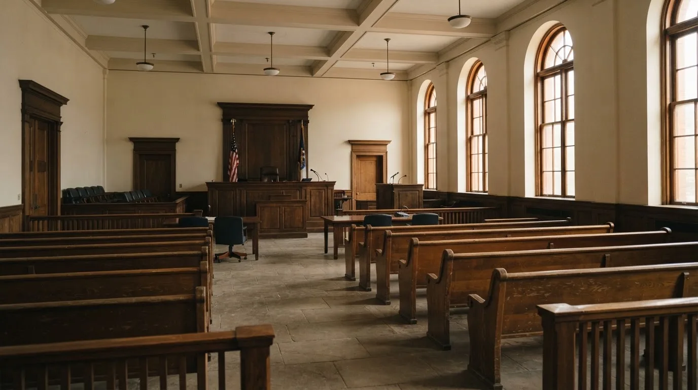 Una sala de tribunal vacía con bancos de madera a la luz de la mañana