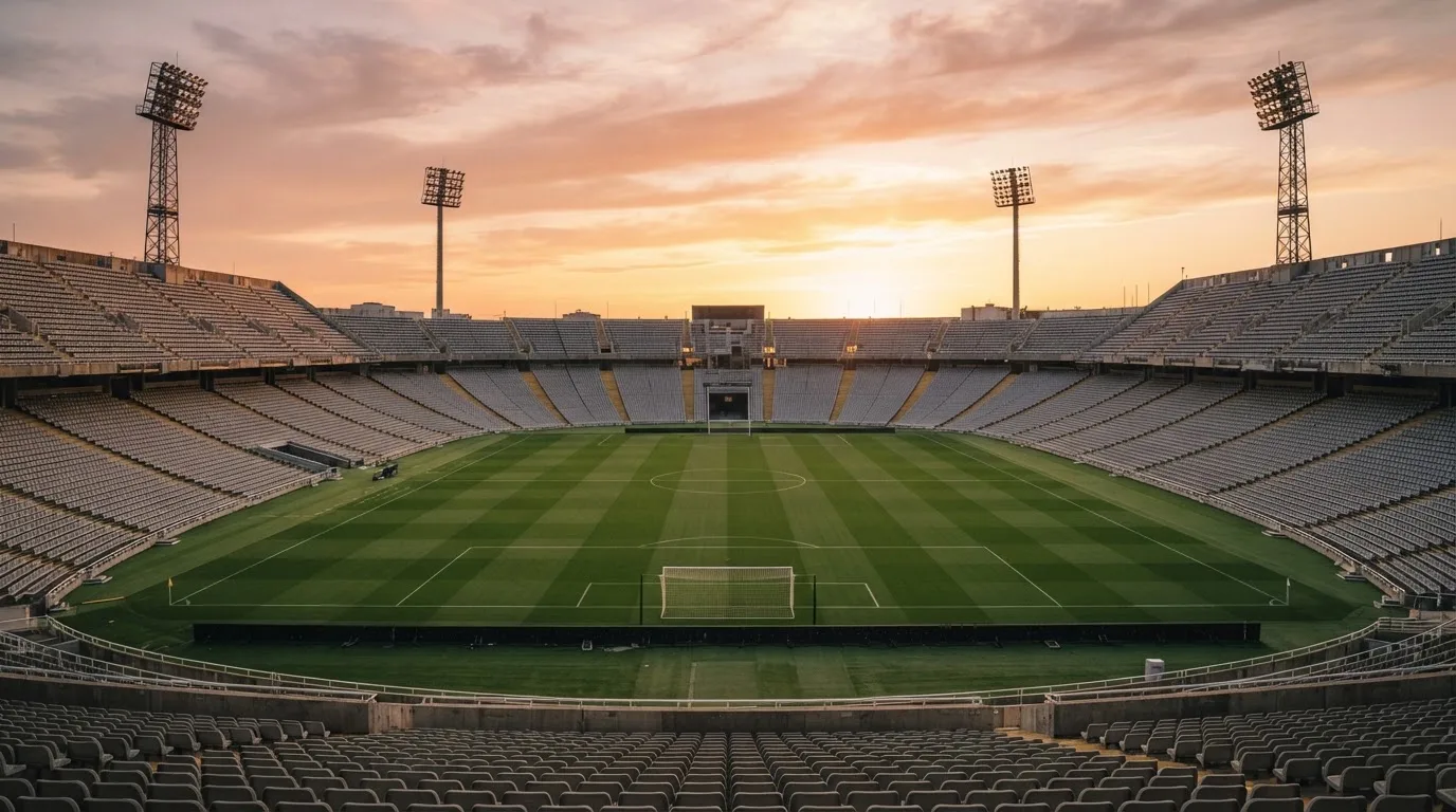Un estadio de fútbol vacío con torres de iluminación al atardecer