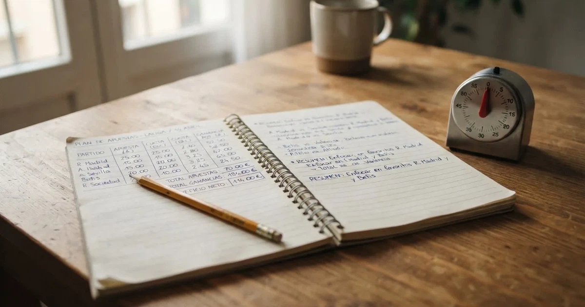 Un cuaderno abierto con un lápiz y un cronómetro sobre una mesa de madera