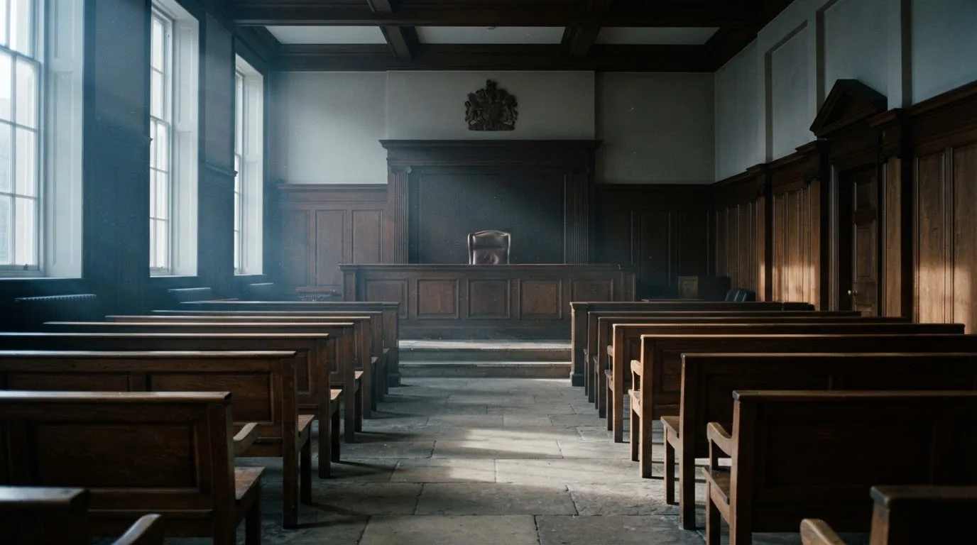 Una sala de tribunal vacía con bancos de madera a la luz de la mañana