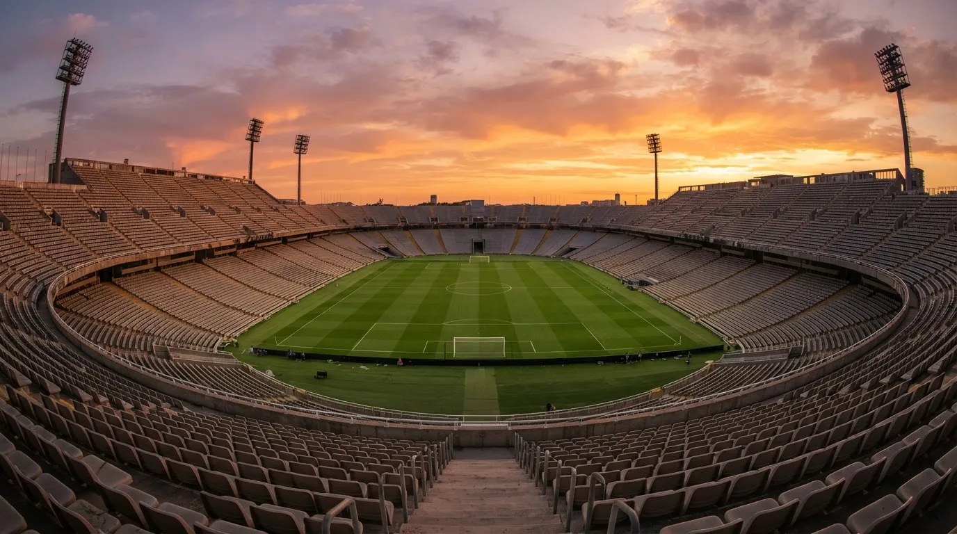 Un estadio de fútbol vacío con torres de iluminación al atardecer