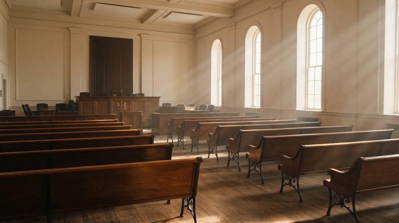 Una sala de tribunal vacía con bancos de madera a la luz de la mañana